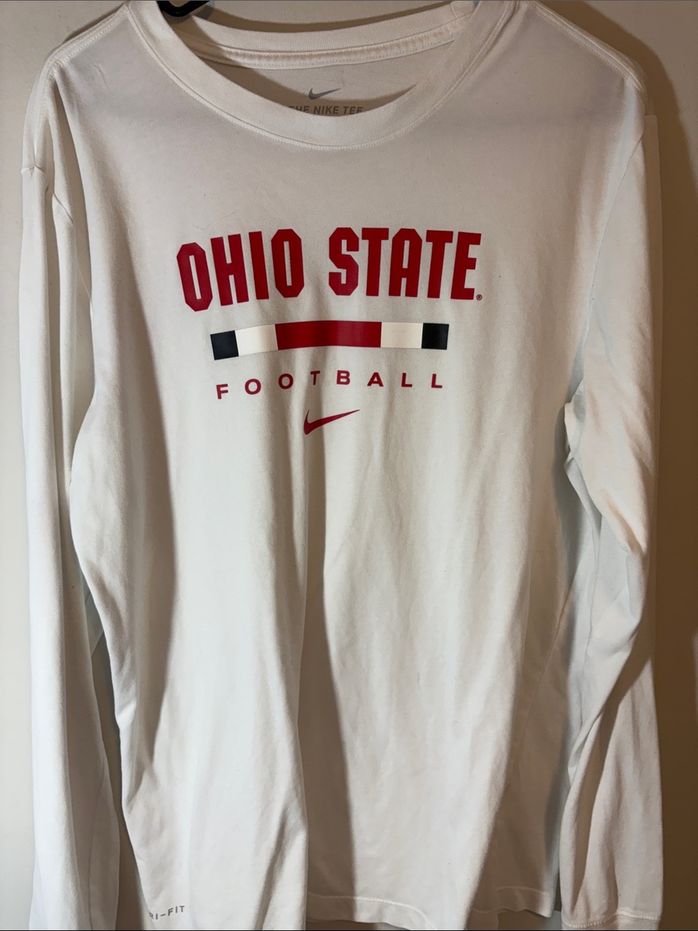 Nike Dri-Fit White Long-Sleeve Ohio State Football Tee with Red Logo